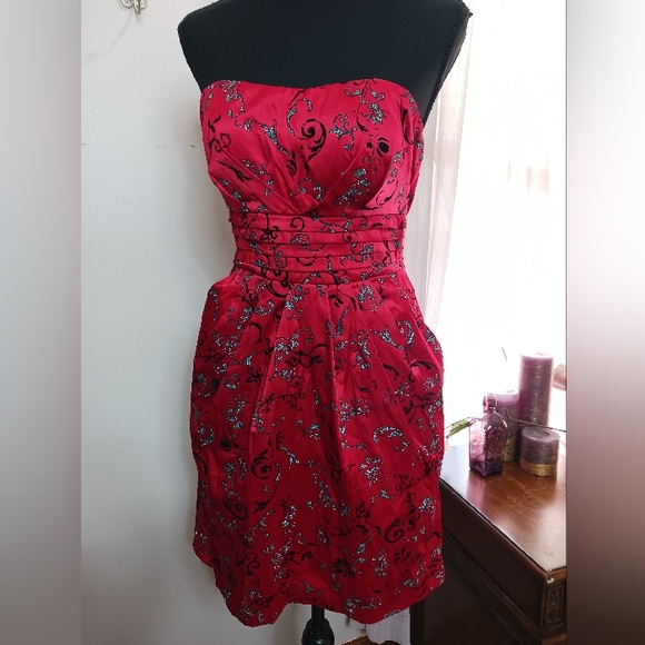 Red Satin W/ Blk & silver Velvet/ Sparkle Design, Strapless w pockets Zipper 9 - Picture 2 of 8